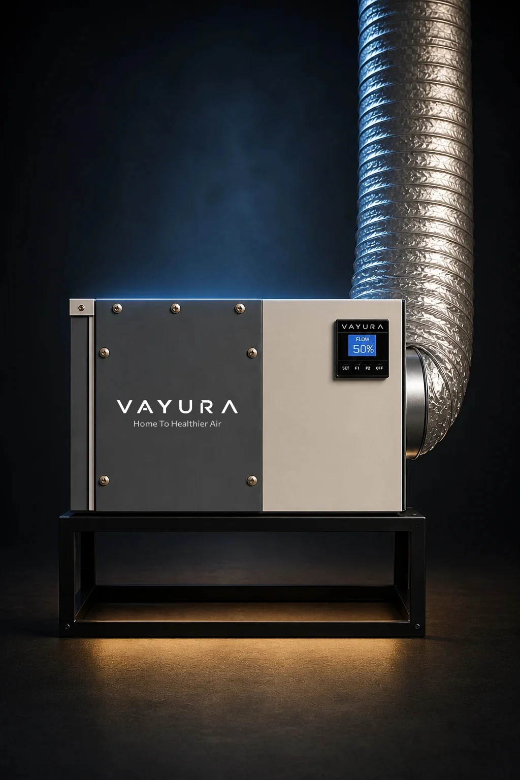 Vayura purifier on its install bracket with rising flex duct